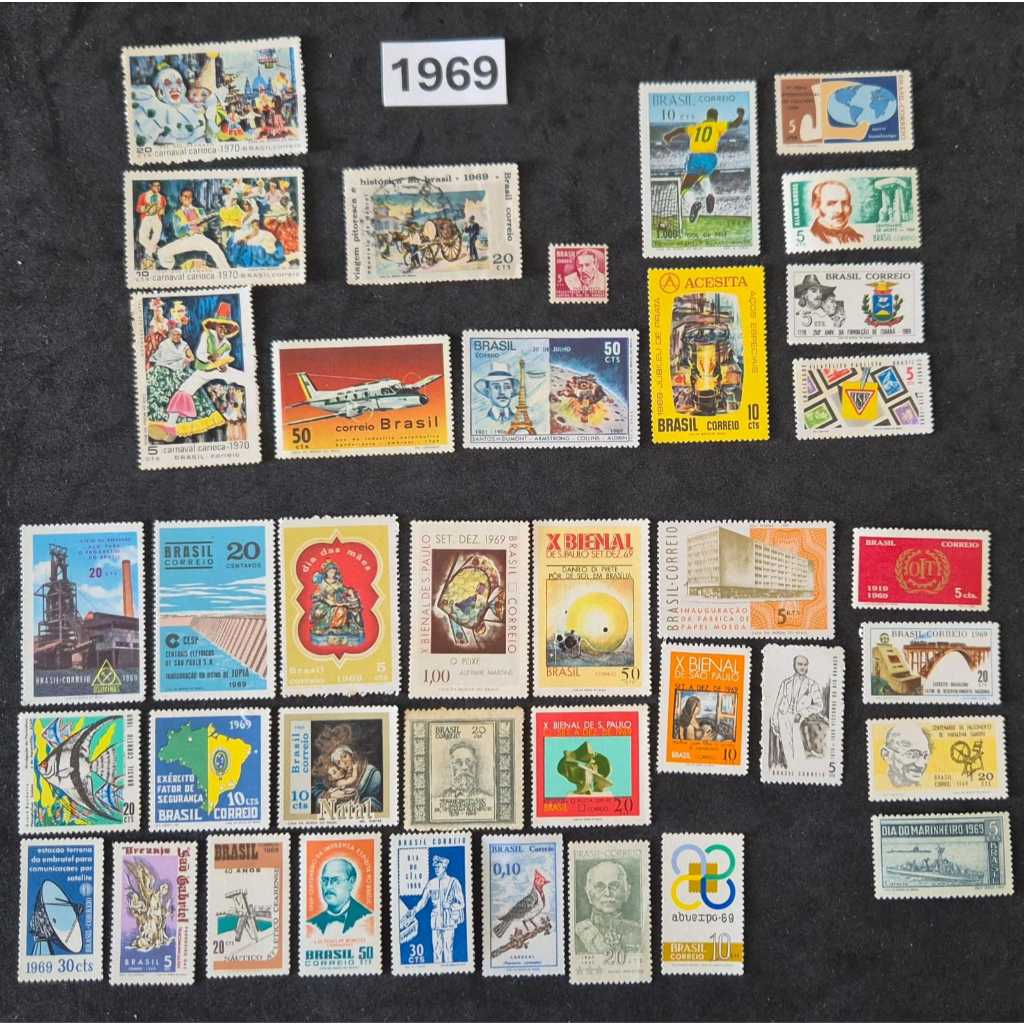 ANO COMPLETO DE SELOS DE 1969 - SELOS COMEMORATIVOS NOVOS DO BRASIL + HANSEN, POSSUI UM SELO USADO
