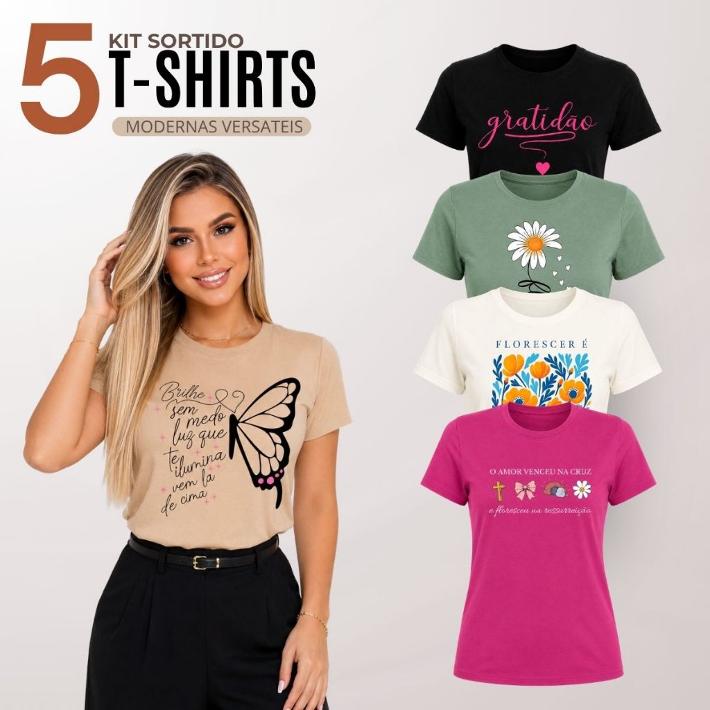 Kit 5 Blusa Feminina Camiseta 100% Algodão Malha Premium Manga Curta Gola Redonda