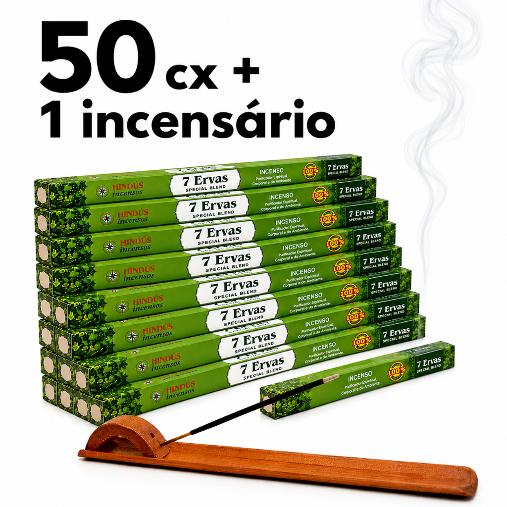 Incenso Natural 7 Ervas Special Blend 50 Caixas 400 Varetas e Porta Incenso Régua de Madeira