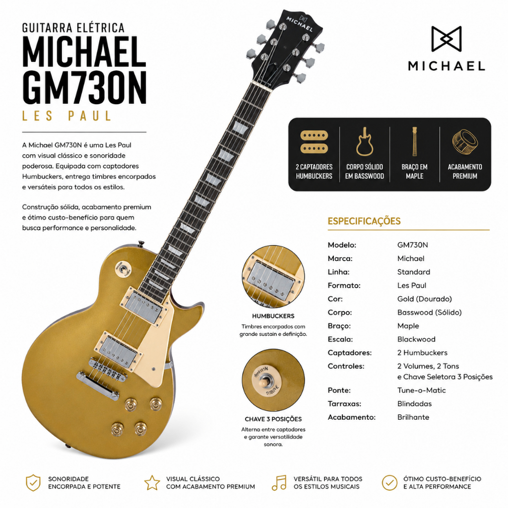 Guitarra Elétrica Michael Gm730n Les Paul Humbuckers