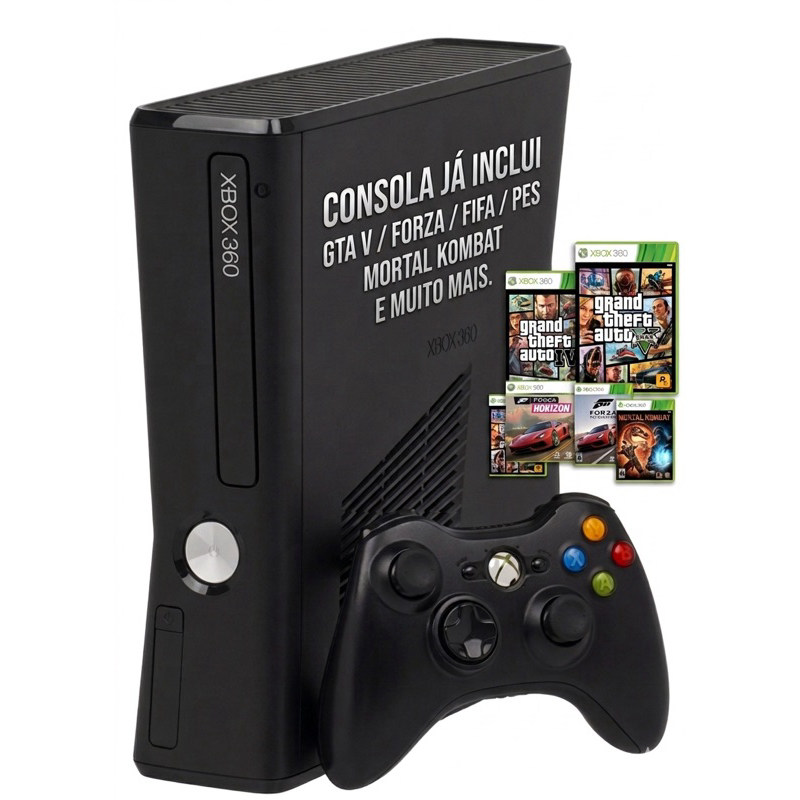 Xbox 360 Desbloqueado RGH (Xploit) | Já inclui GTA V | FIFA | PES | FORZA e muito mais – 500GB com Jogos – Completo
