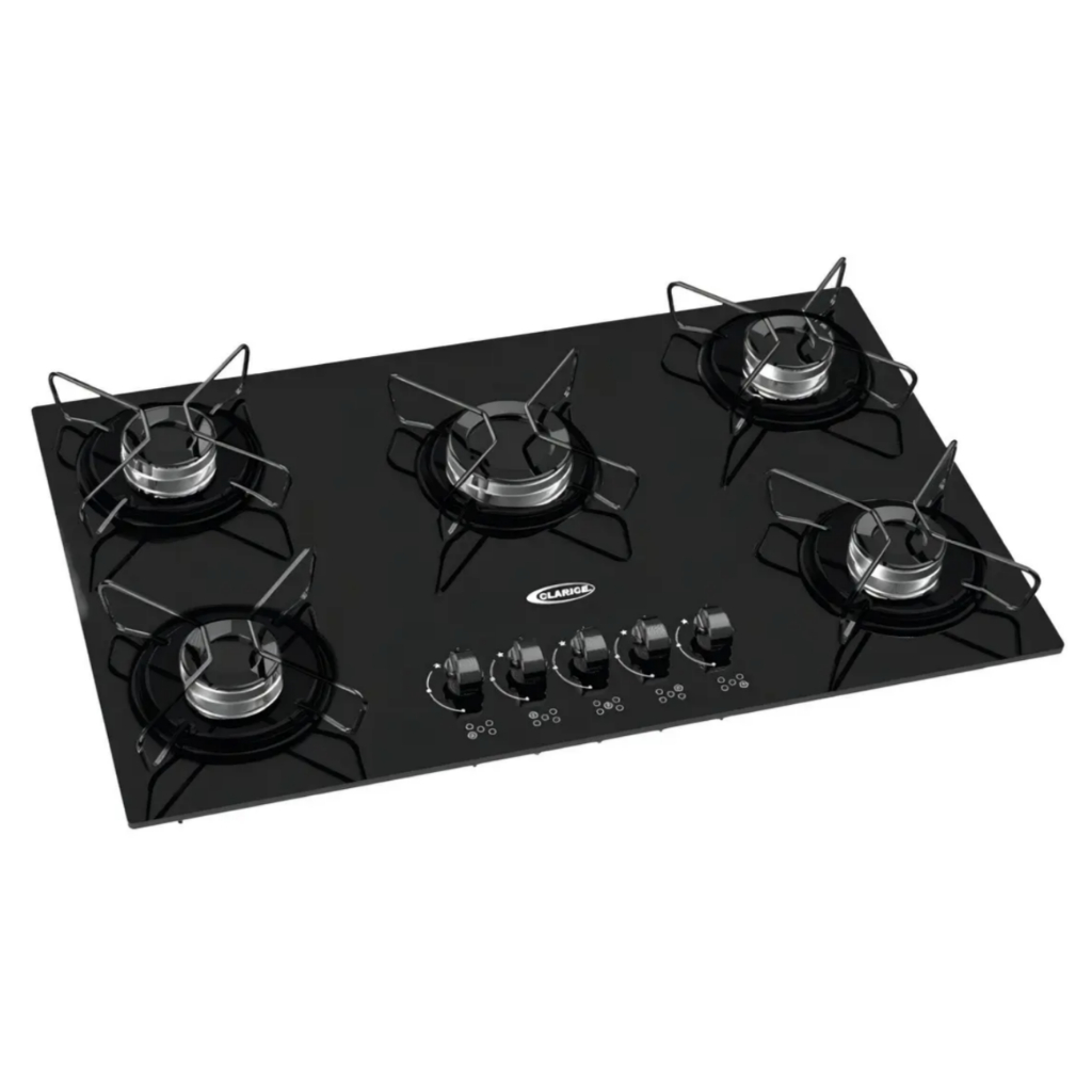 Fogão Cooktop 5 Bocas Clarice com Mega Chama – Mesa de Vidro Temperado - Trempe Ferro Fundido