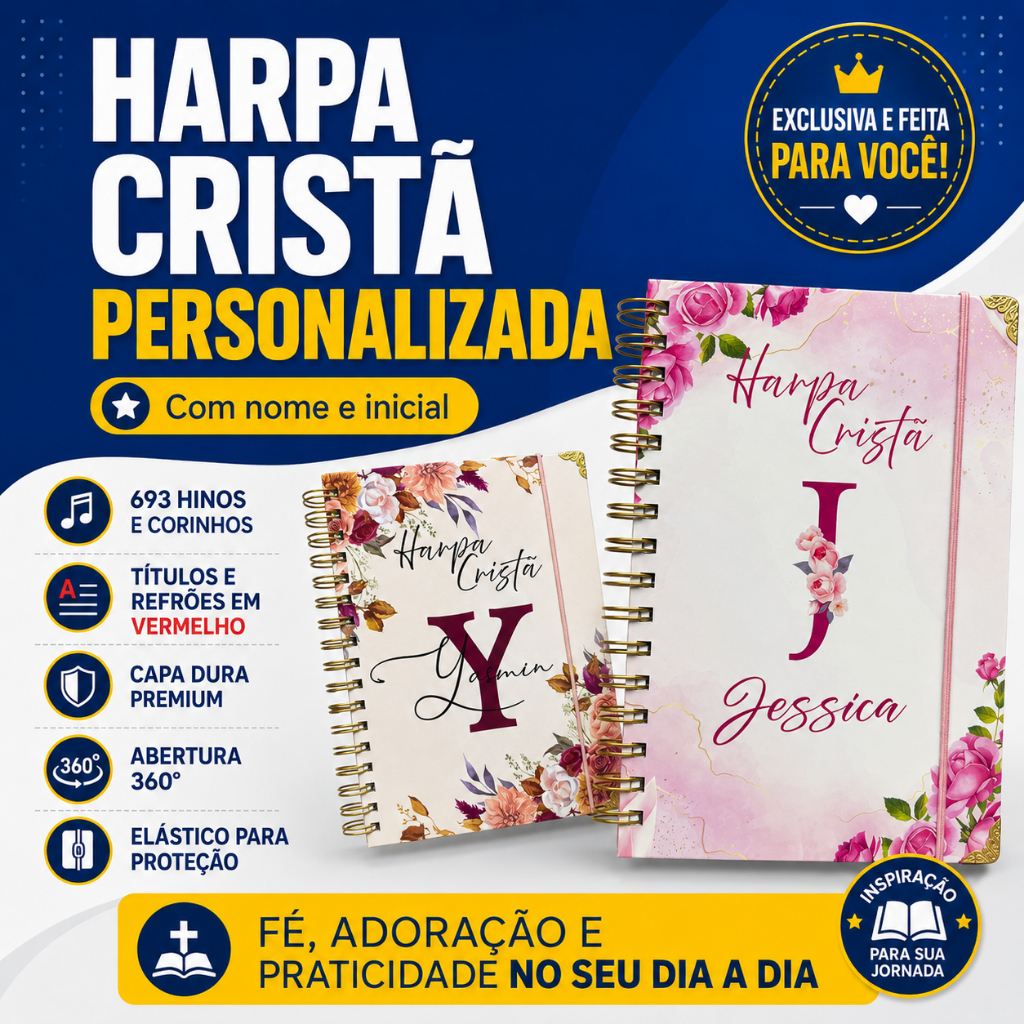 Harpa Cristã Premiun  Capa Dura Elastico e Canteadeira | A5 ou A6 | Letra Grande | Refrão em Vermelho | Personalizada