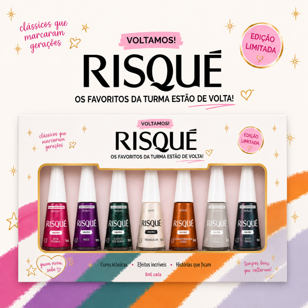 Box Kit 7 Esmaltes Risqué Voltei Lançamento Tons Metálicos Esmalte Atacado Triangulum Psico