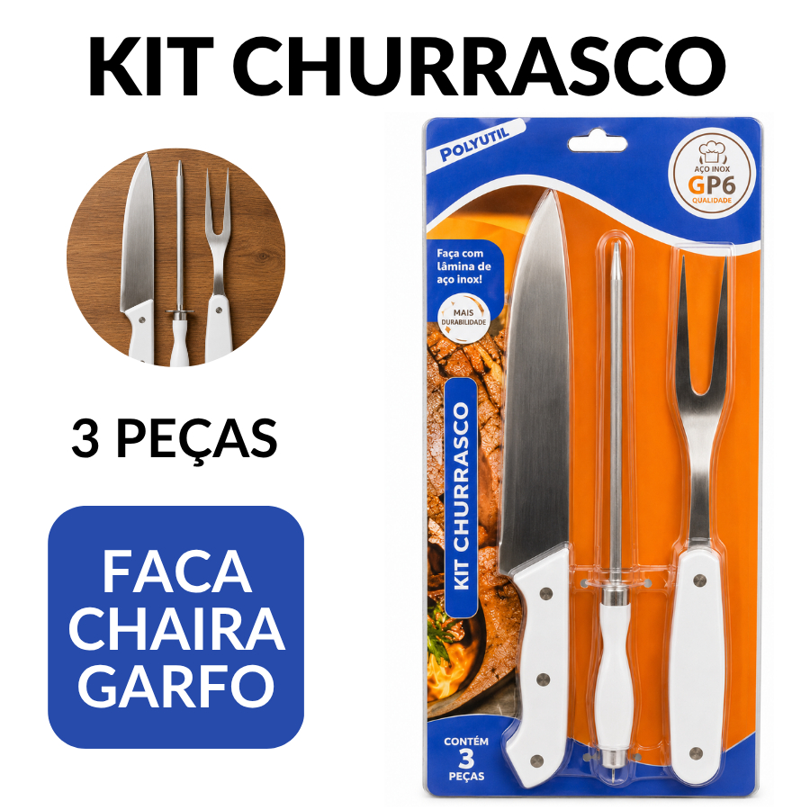 Kit Churrasco Jogo 3 Peças Aço Inoxidável Resistente Chaira Faca Garfo Cozinha Para Churrasco