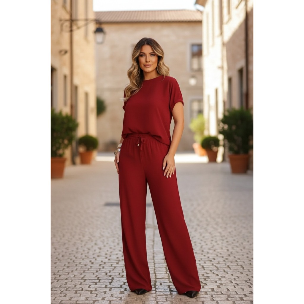 Conjunto Feminino Kelly Linho Premium Calça Pantalona Blusa Manga 3/4 Evangélica Top