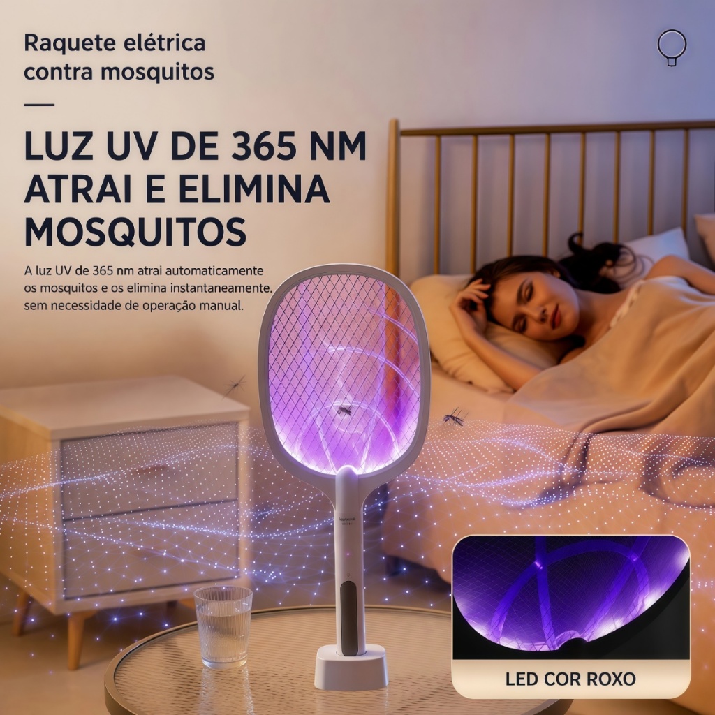 Raquete Elétrica Mata Mosquito 2 em 1 Recarregável Luz UV Roxa com Base Portátil