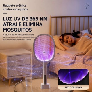 Raquete Elétrica Mata Mosquito 2 em 1 Recarregável Luz UV Roxa com Base Portátil