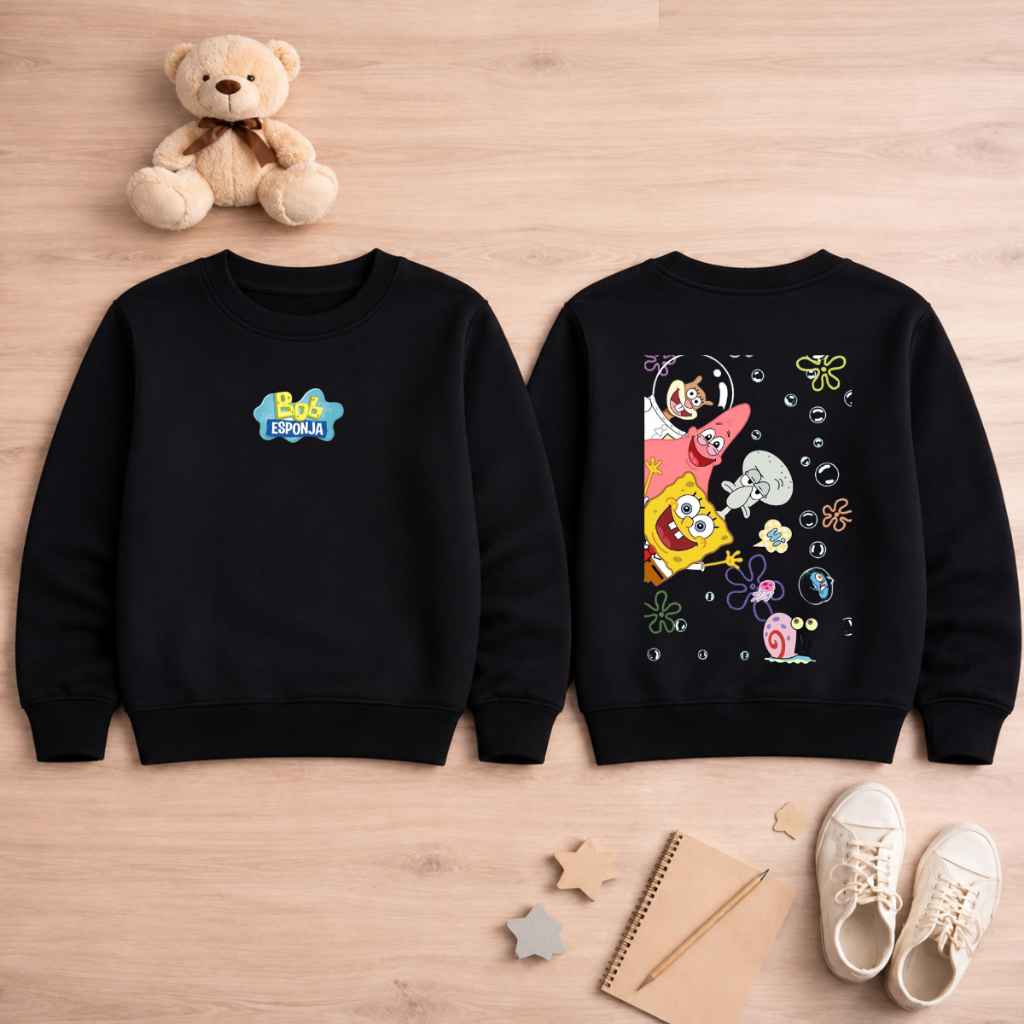 Moletom Infantil Bob Esponja Unissex Meninos Meninas Flanelado sem Capuz Algodão