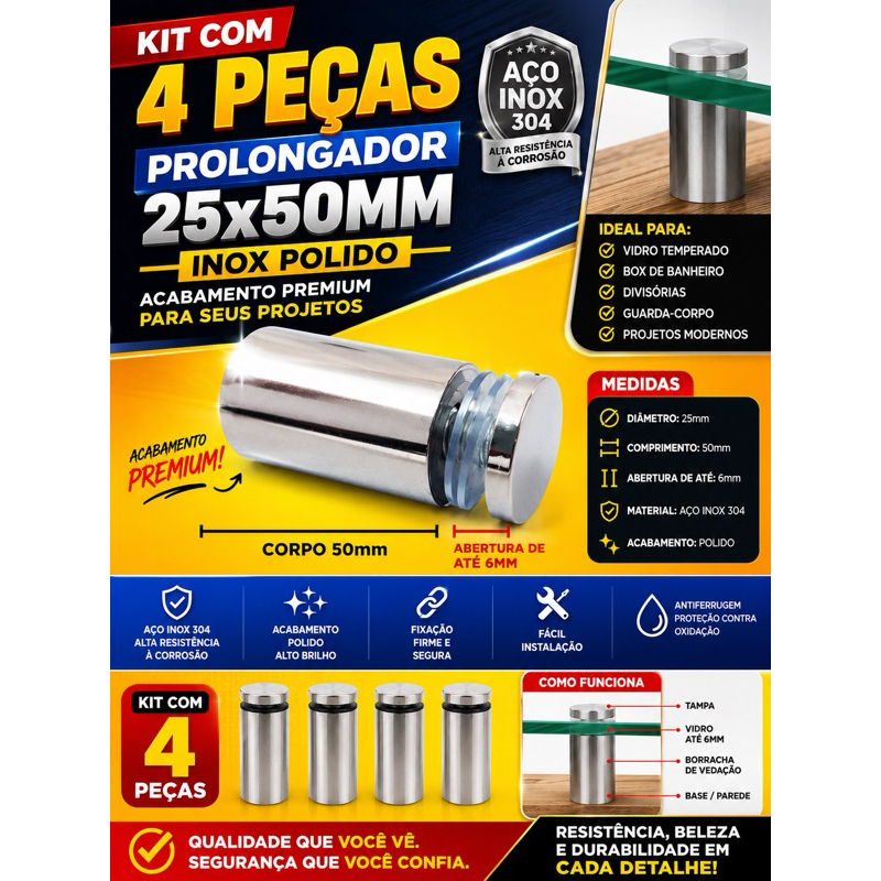Kit 4 Prolongador Inox 304 25x50mm Fixador Para Vidro Temperado Painel Box,painel,fixador