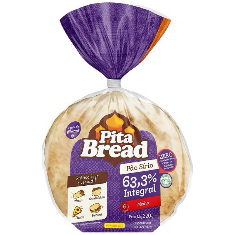 Pão Sírio Integral Pita Bread Médio 320g 6 Unidades Pão Pita para Wrap Lanche Sanduíche
