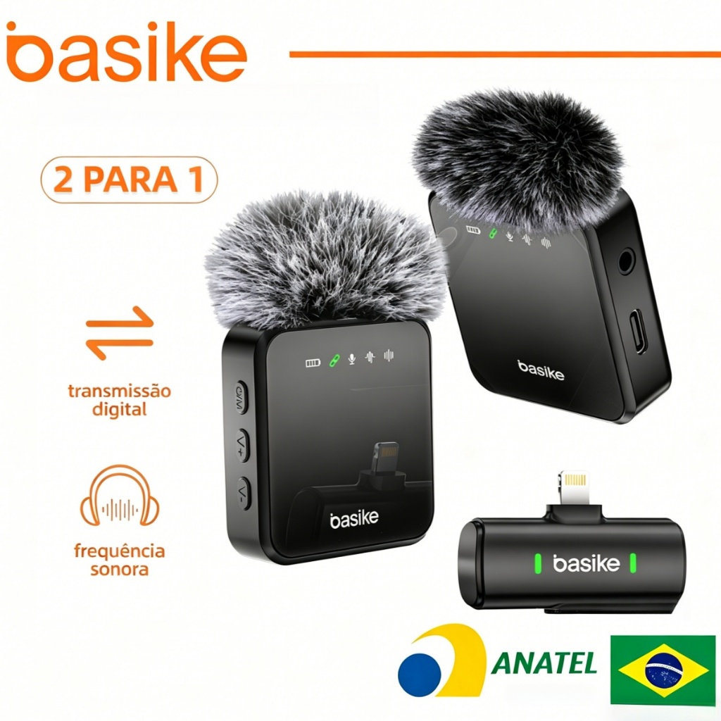 Basike Microfone Lapela Duplo Profissional Sem Fio Para Tipo-C e Lighting
