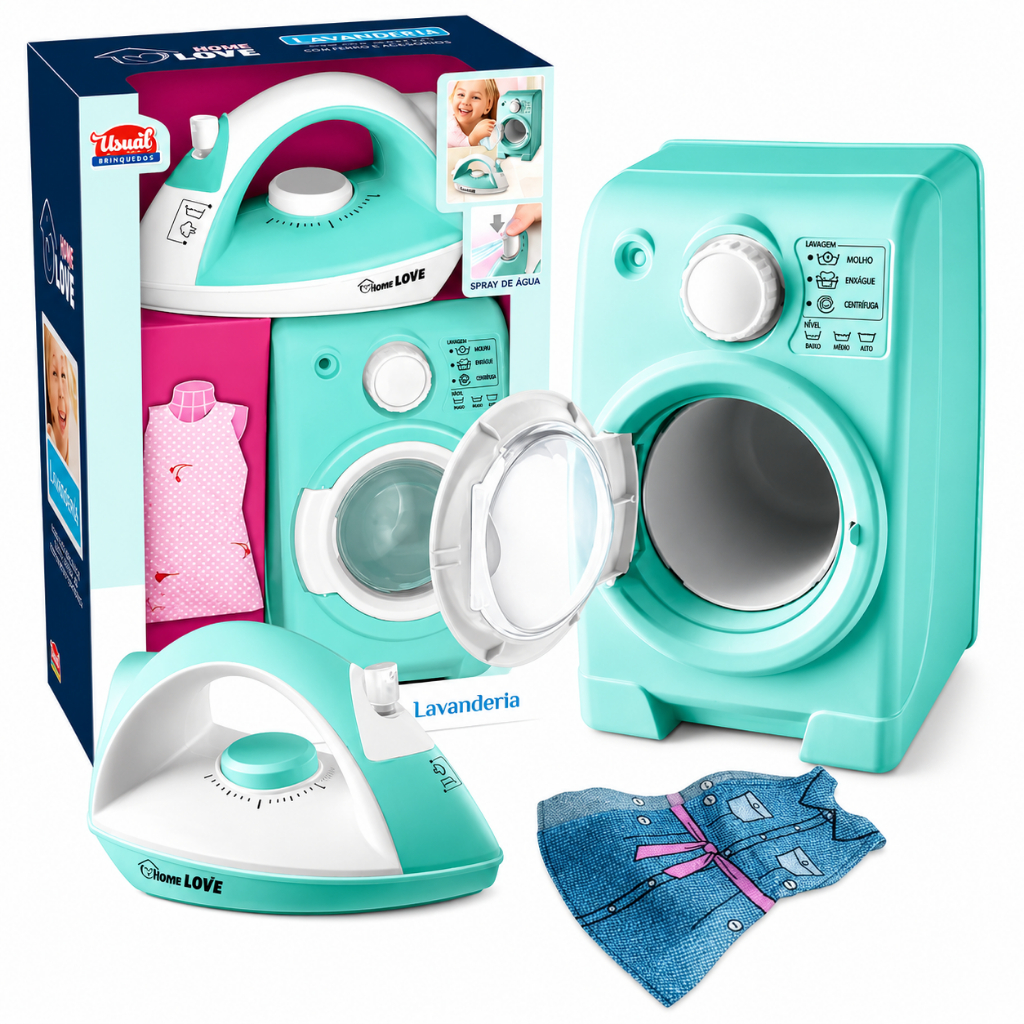 Brinquedo Infantil Lavanderia Para Menina com Acessórios Ferro de Passar Roupas- Usual Brinquedos