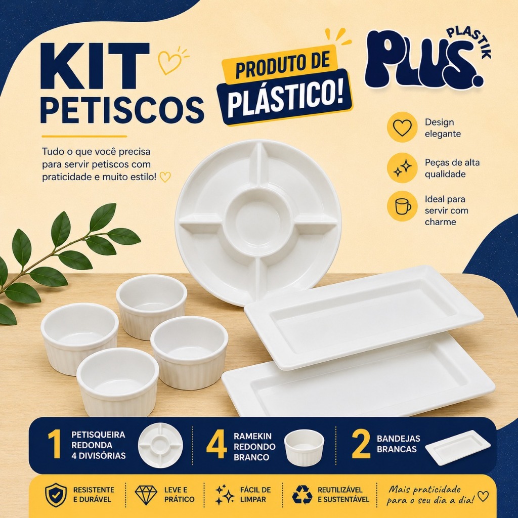 KIT PETISCOS 6 PEÇAS PLASTICO 1 PETISQUEIRA BRANCA 2 BANDEJAS BRANCAS 4 RAMEKIN REDONDO BRANCO IDEAL PARA SEUS EVENTOS