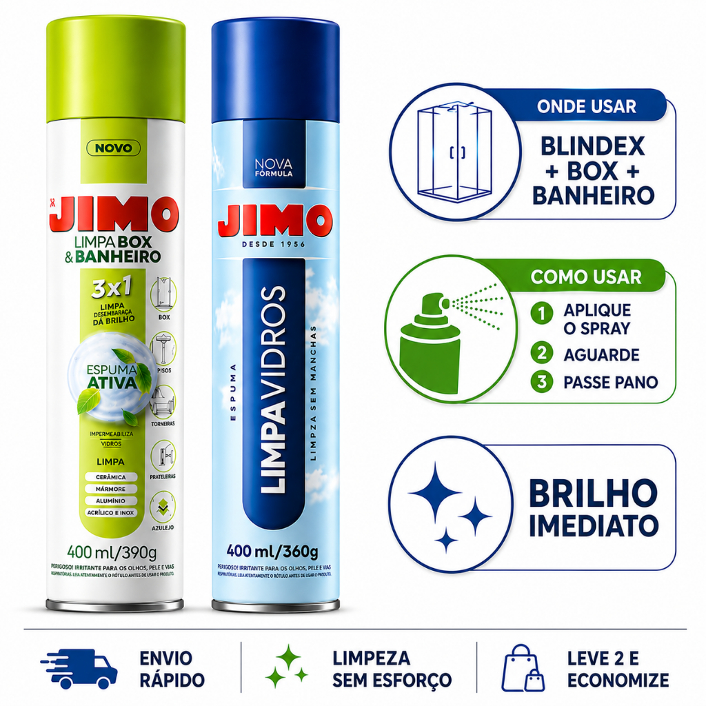 Kit Limpa Vidro Box Banheiro Limpeza Pesada Brilho Tira Limo Blindex Sacada Azulejo Jimo Spray 400ml