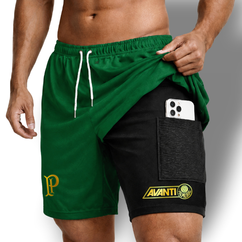 Bermuda Compressão 2 em 1- VERDÃO Masculina Dry Fit com Elastano Leve para Academia Corrida Bike