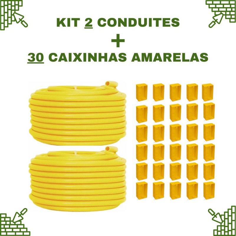 kit 2 - 2 conduíte corrugado + 30 caixinhas amarelas canduite reforçado 3/4