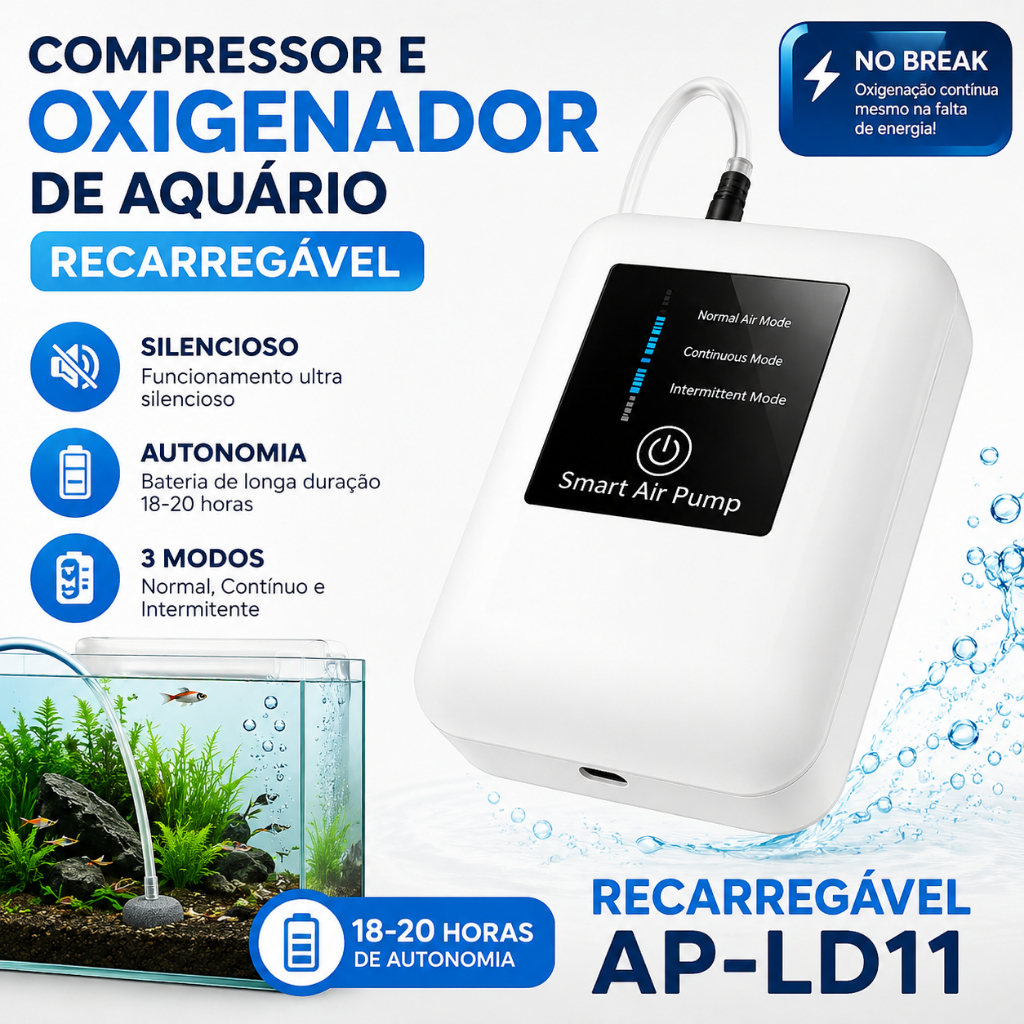 COMPRESSOR/OXIGENADOR DE AR PARA AQUÁRIO AP-LD11 BIGOOFISH -NOBREAK BATERIA até 26 h - BIVOLT- USB