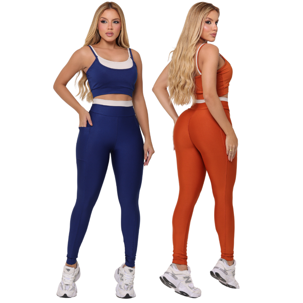 KIT2 Conjunto Fitness Feminino Luxo Top Alcinha e Legging Alta Compressão Fitness Feminino Academia Legging Cintura Alta