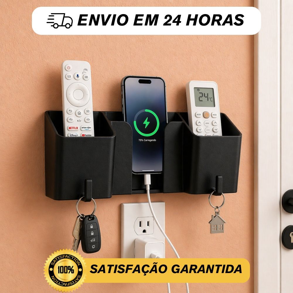 Suporte Organizador De Parede Para Celular Controle E Chaves Sem Furadeira 3 funções em 1