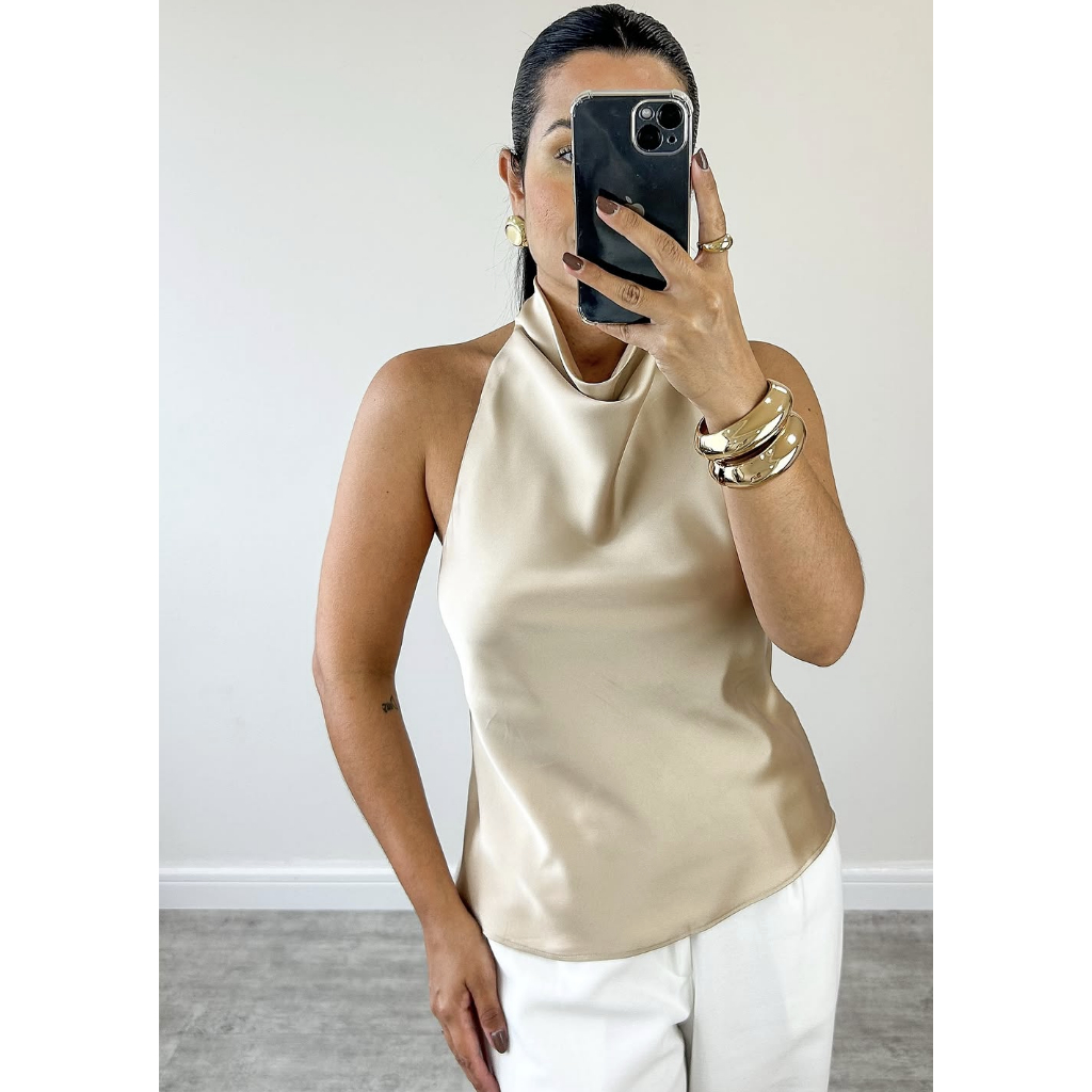 Blusa Feminina Cetim Elegante Frente Única Acetinada Gola Alta Fashionista Casual Trabalho
