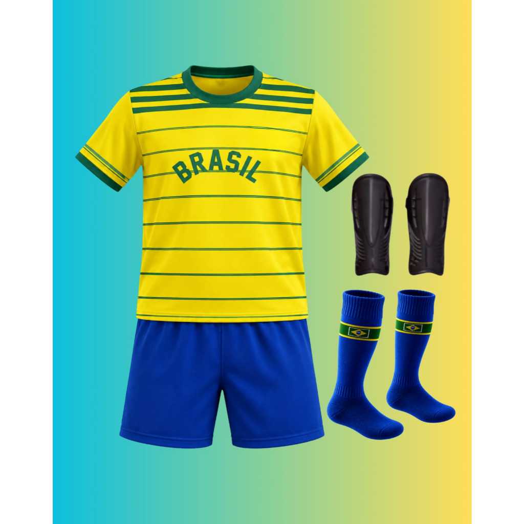 Conjunto Infantil de Futebol com meião e caneleira brasil 2026