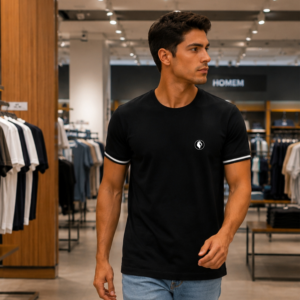 Detalhes do Camiseta Masculina Básica com Punhos Listrado 100% Algodão Confortável Premium