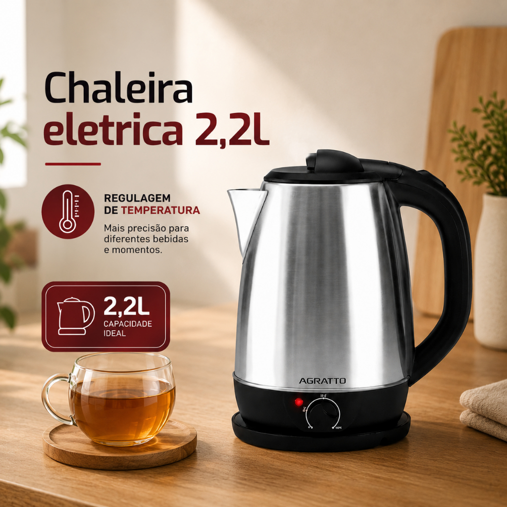 Chaleira Ferve Controle de Temperatura Água Elétrica 2,2l Xaleira Ferve Água Elétrica Jarra Inox