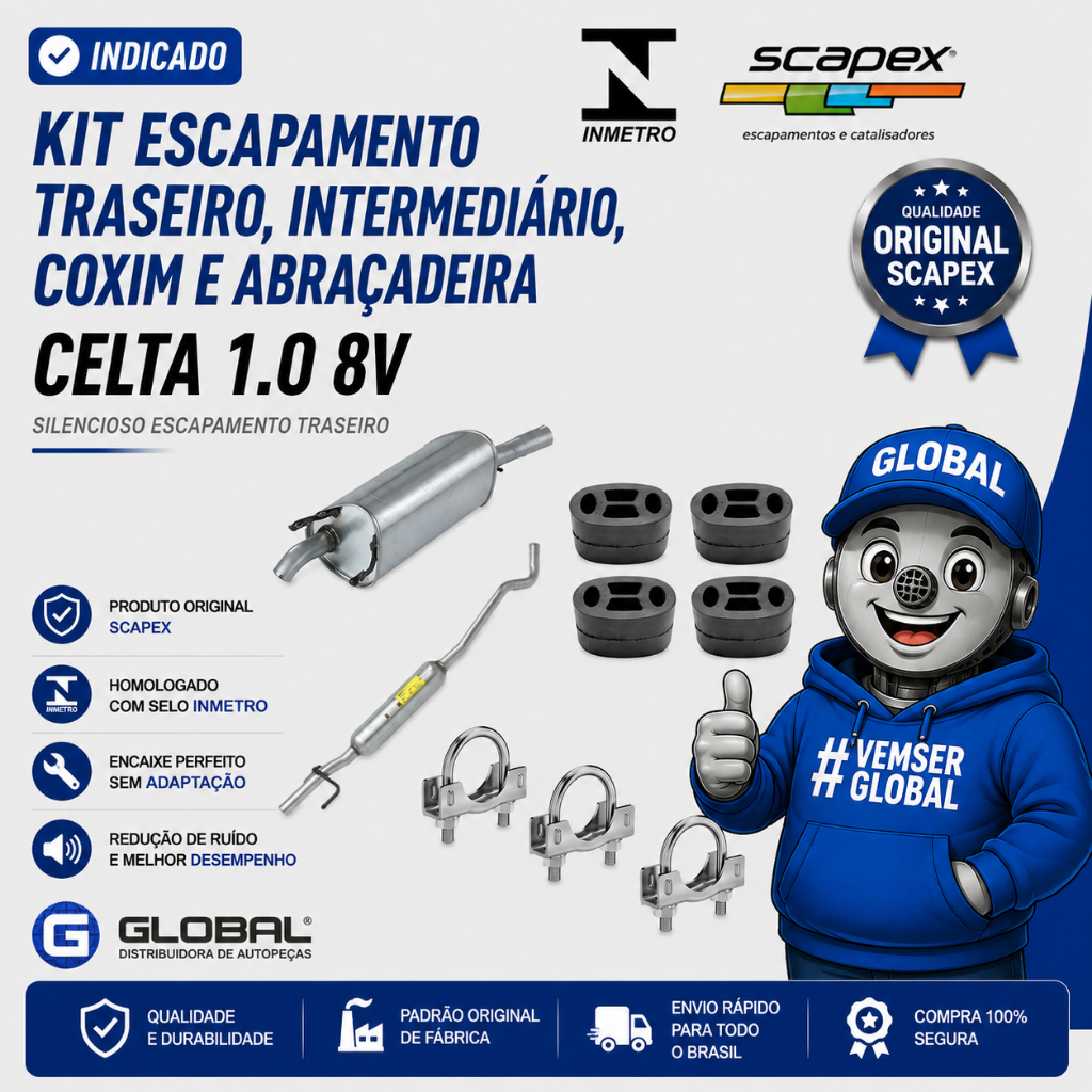 Kit Escapamento Traseiro, Intermediario, Coxim e Abraçadeira Celta 1.0 8v Scapex  Homologado INMETRO