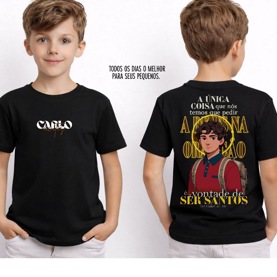 Camiseta Infantil Malha 30.1 100% Algodão Fé Juvenil Cristã Jesus Cristo Carlo Acutis do 2 ao 14