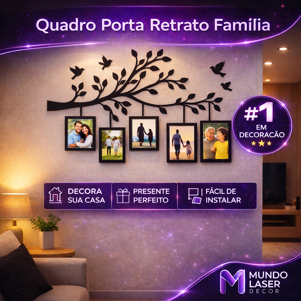 Quadro Decorativo Árvore da Família com Porta Retratos – Nossa Família, Nosso Tesouro