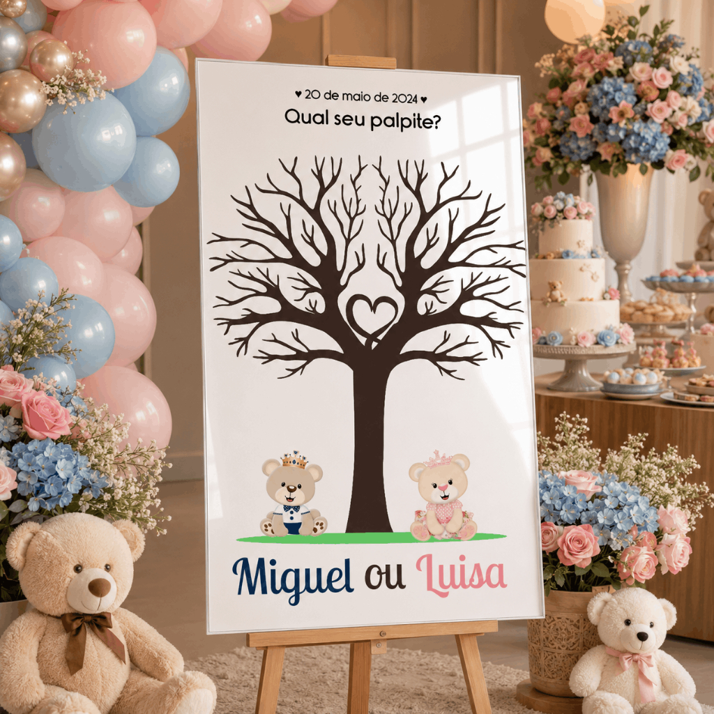 Quadro Chá Revelação Menino ou Menina Árvore de Palpites Ursinhos Decoração Festa Bebê