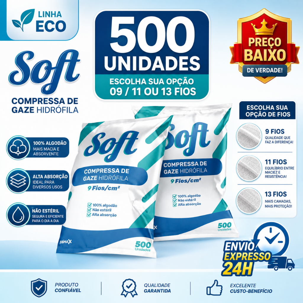 Compressa De Gaze 500 Unidades 13 Fios 11 Fios 9 Fios Soft Hidrófila Gazes Descartável Anvisa Soft