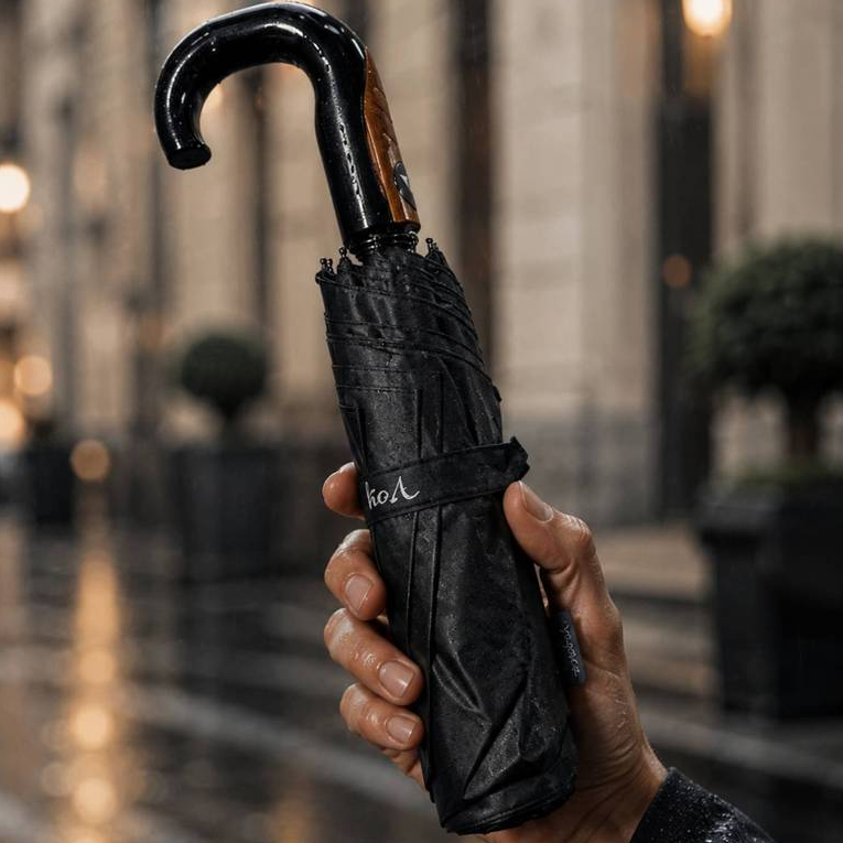 Guarda Chuva Mini Sombrinha Voyagem Masculina Sistema Automático de Cabo Curvo Pongee Premium Preto