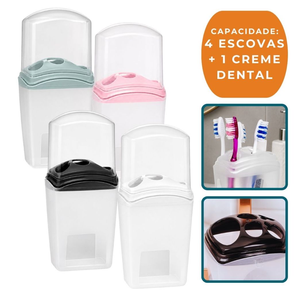 Porta Escova de Dente Com Tampa Colorida Para 4 Escovas e 1 Creme Dental Banheiro Clean Plástico