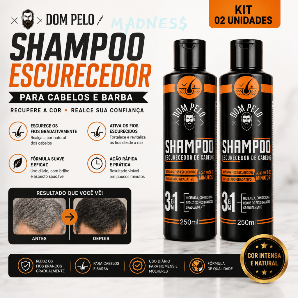 Shampoo Escurecedor Dom Pelo | Recupera a Cor dos Fios | Cabelo e Barba | Resultado Gradual | Kit 2 Unidades