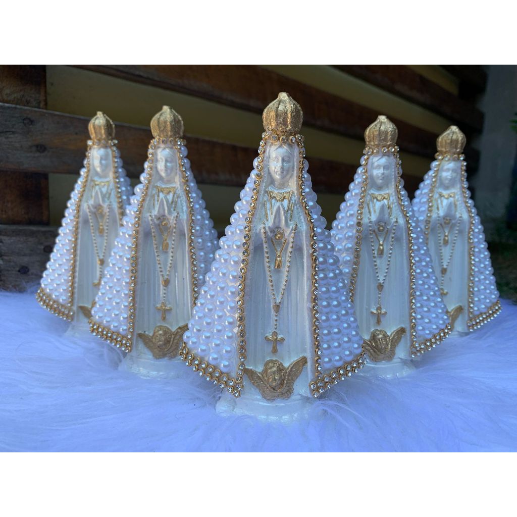 kit 5 Imagens Nossa Senhora Aparecida Branco Perolado com strass dourado 15cm