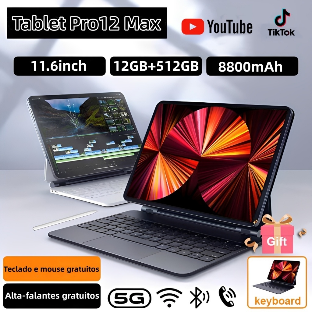 【Teclado e mouse grátis】Tablet  Pro12 Max 11,6 polegadas, Android 14, 12 GB + 512 GB, bateria de 8.800 mAh 5G wifi
