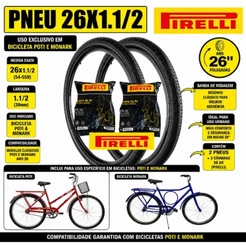 Pneu Bike 26x1.1/2 Pirelli Manga Turbo + Câmara 26 Kenda/Pirelli para Potty Barra Forte Monak