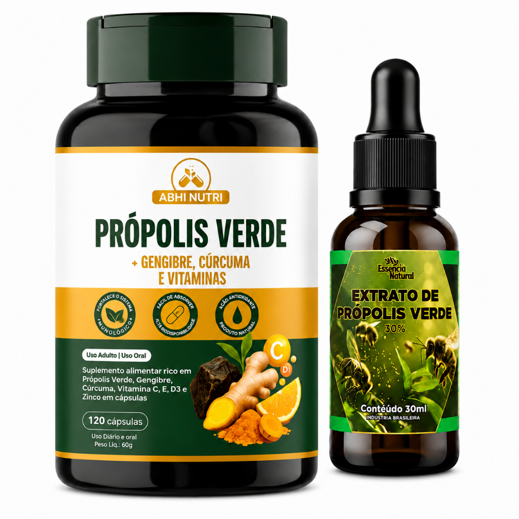 Própolis Verde com Gengibre + Cúrcuma Vitaminas C E D3 Zinco 120 Cáps + Própolis 30ml - Abhi Nutri