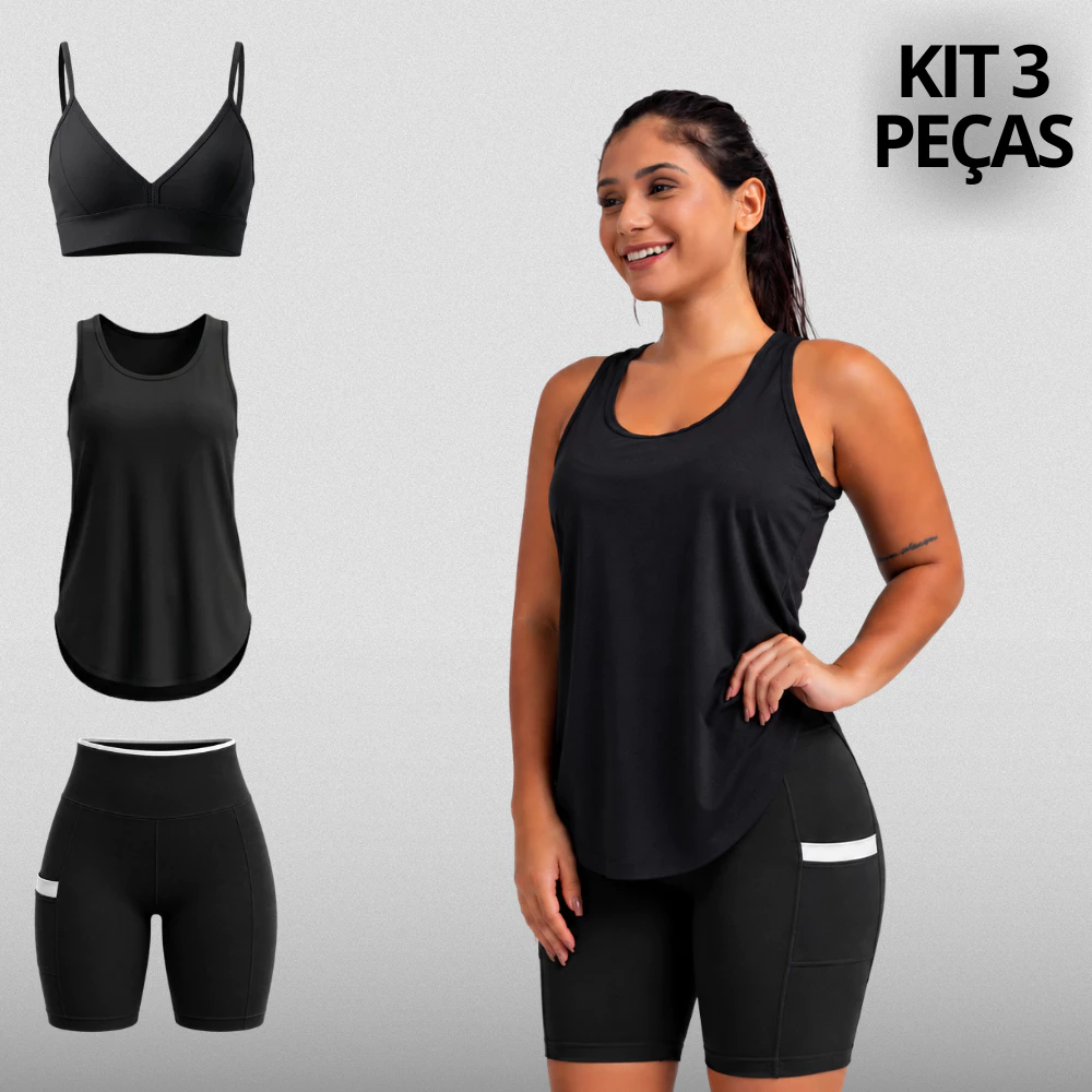 Kit Conjunto 3 Peças Fitness Poliamida Com BOLSO Trijunto Cintura Alta Academia Zero Transparência