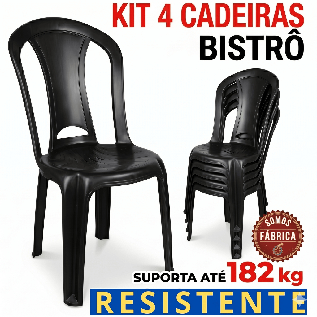 Kit Jogo 4 Cadeiras 182kgs Plástica Jardim Alugar Premium Branca Preta Rio Cadeiras Reforçada