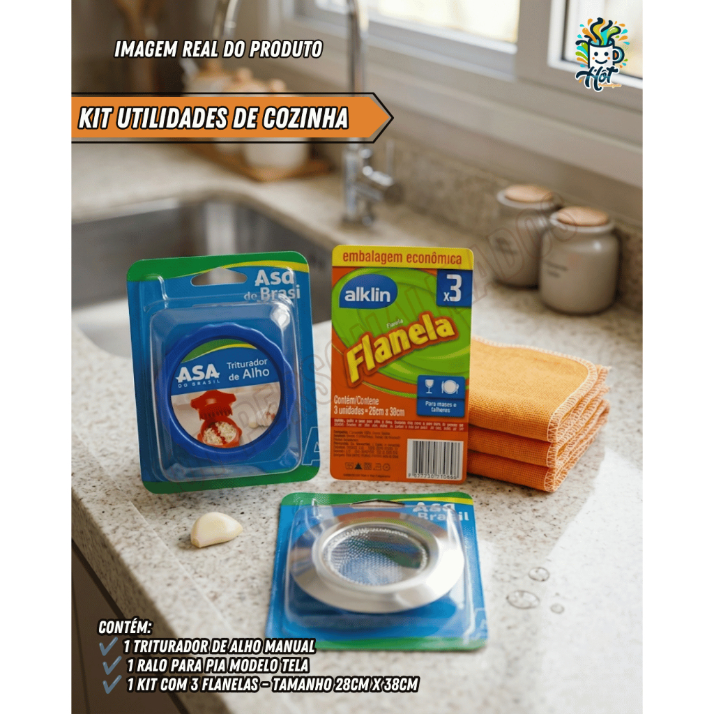 Triturador de Alho mais Ralo Pia Tela mais 3 Flanelas Limpeza Kit Utilidades Cozinha