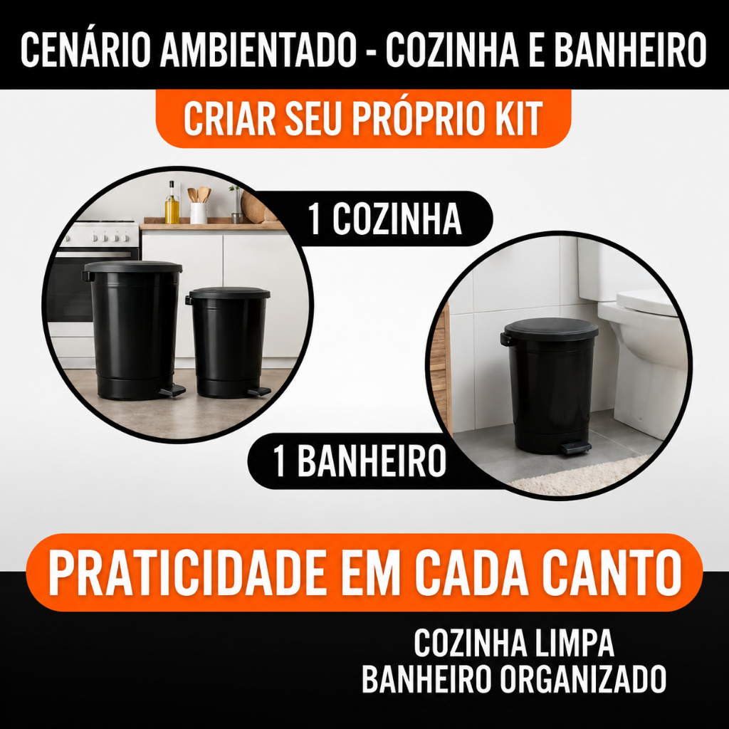 Kit 2 Lixeiras Redondas Com Pedal 7l Litros Preta Cozinha Banheiro Lavanderia Escritório