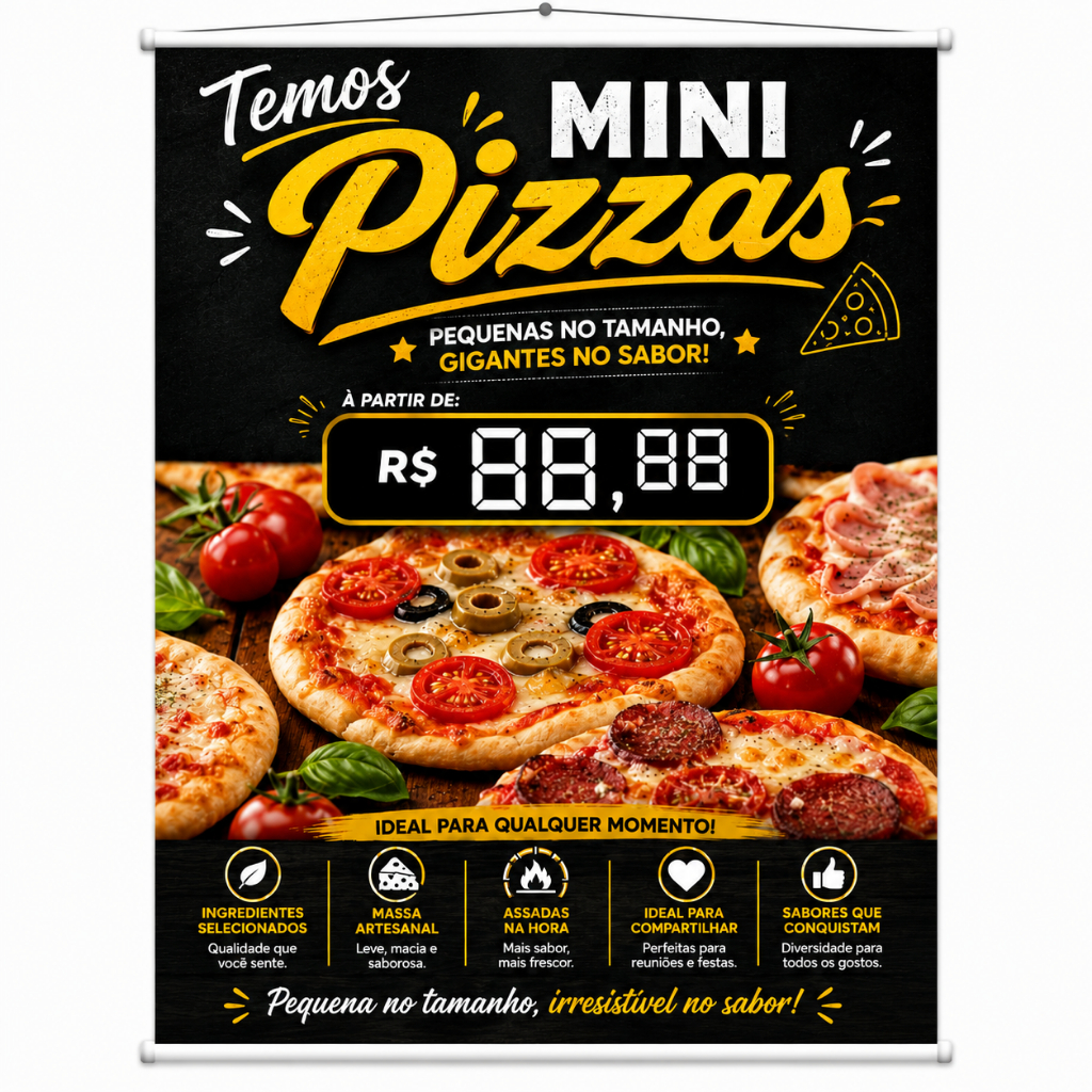 Banner Venda de Mini Pizza Saborosa produzido em lona. Cartaz Propaganda Divulgação Pizzaria Lanchonete Padaria
