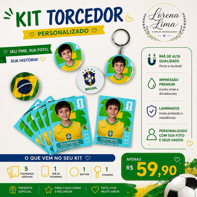 Kit Torcedor Personalizado Copa Futebol Infantil com Foto | Figurinha + Botton + Chaveiro + Ímã