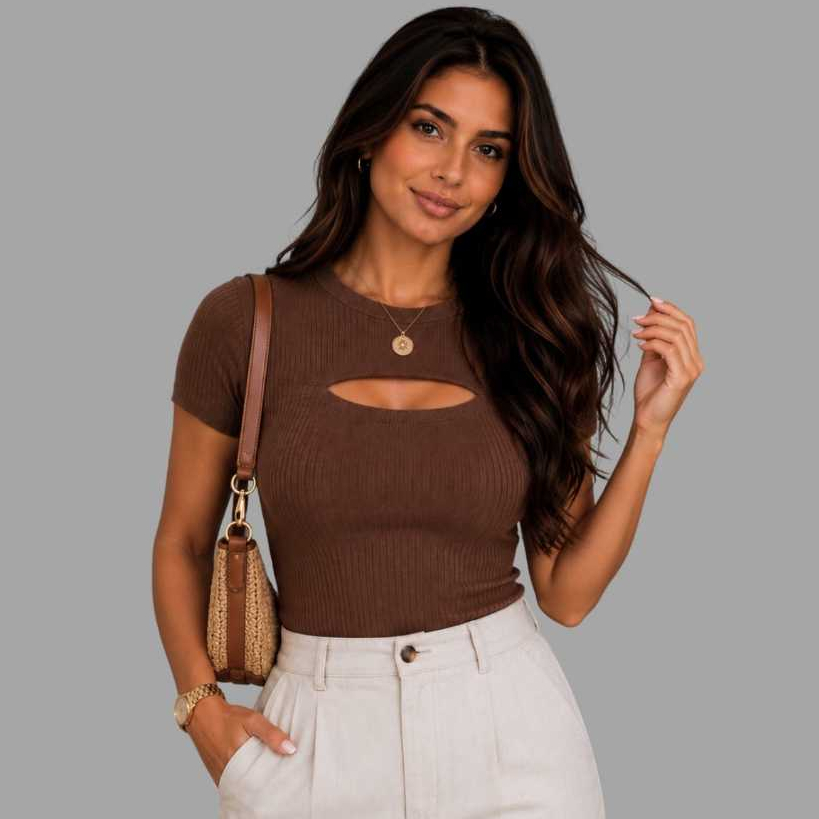 Blusa Feminina Canelada Tecido Premium Decote Vazado Look Casual Elegante Trabalho Tendência