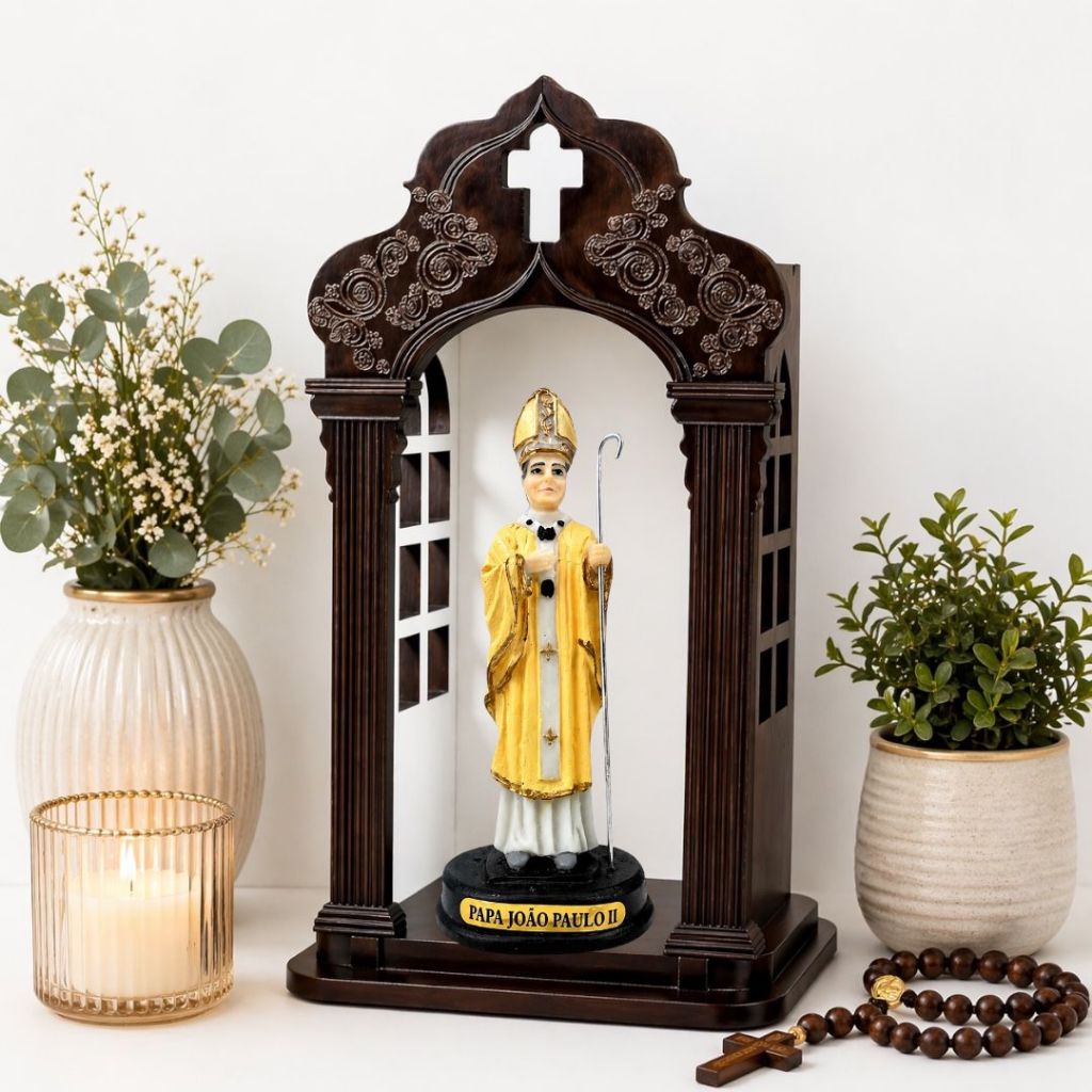 Imagem Papa Joao Paulo II Resina 15cm Com Capela Oratório Madeira Mdf