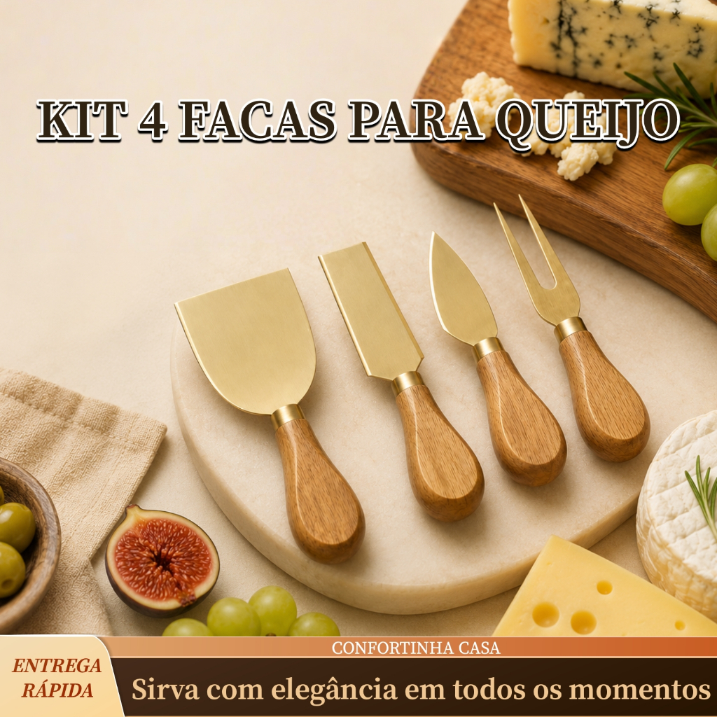 Kit 4 Facas Para Queijo Douradas Cabo Madeira Tábua Frios Aperitivos