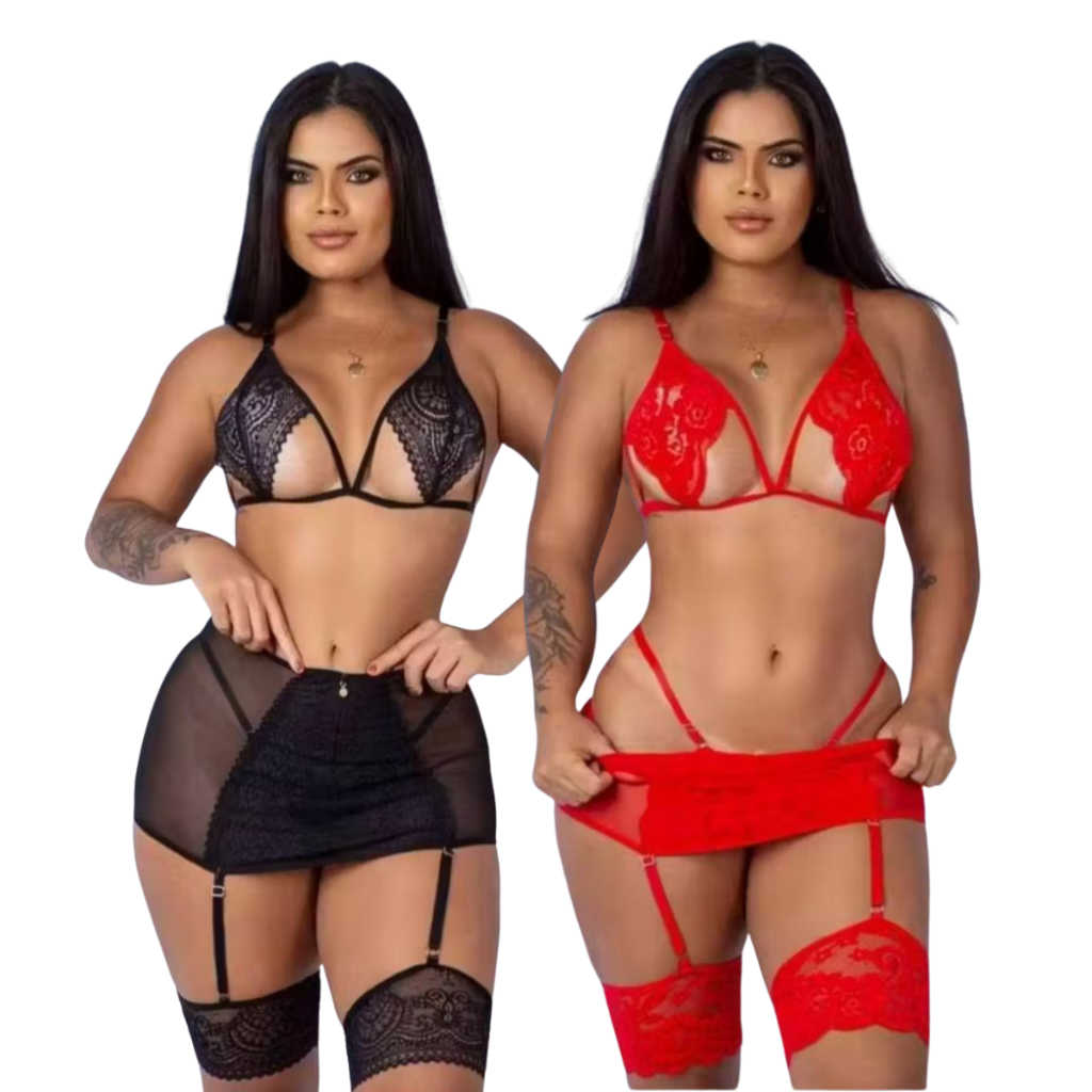 Kit Conjunto Sensual Feminino Lingerie Renda Sutiã Strappy e Calcinha Sexy Tule Cinta Liga